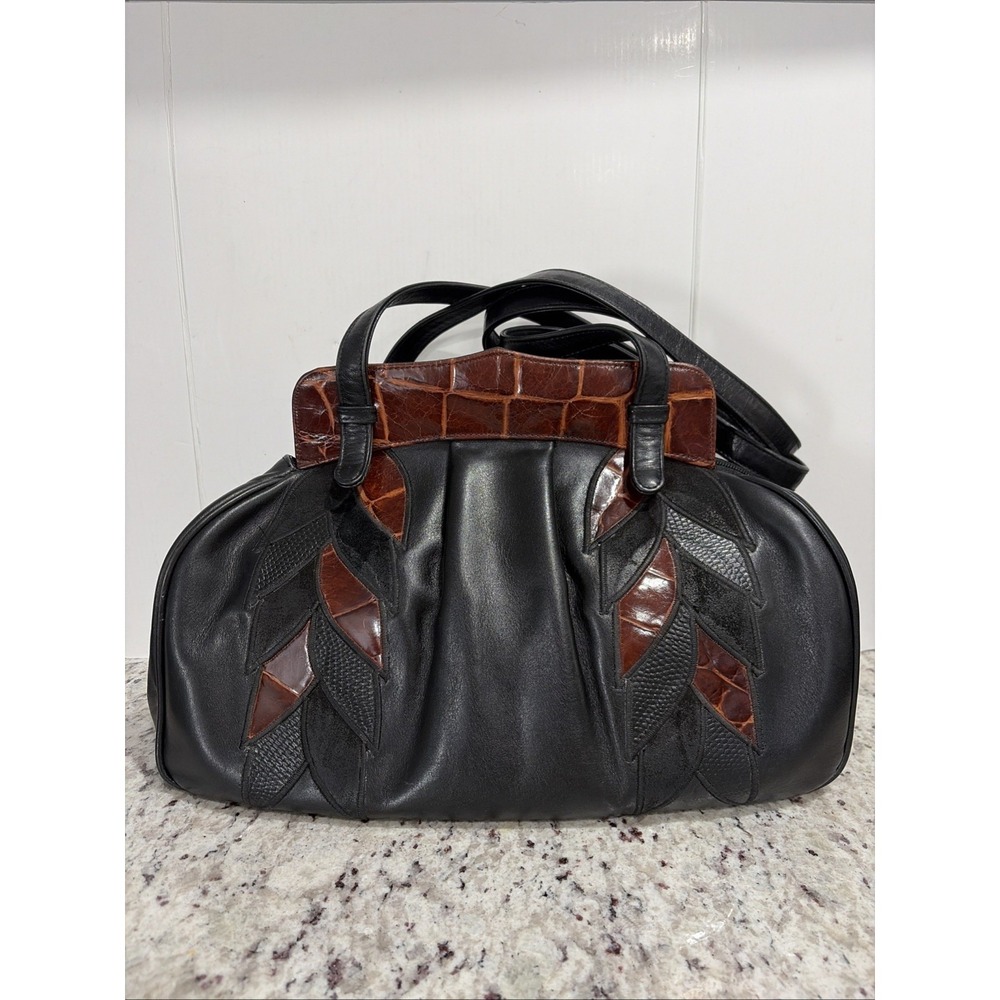VTG Susan Gail Bellido Spain Black Leather Brown Croc Patchwork Leaf 1980s Bag